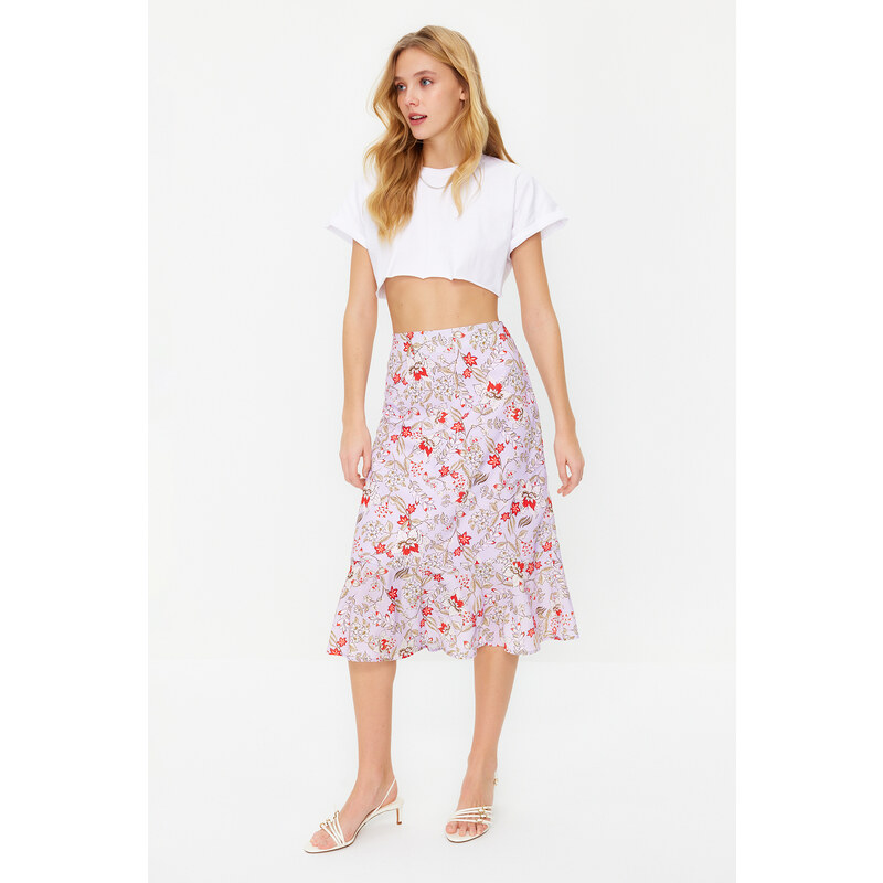 Trendyol Lilac Skirt Flounce Viscose Fabric Animal Pattern Midi Woven Skirt