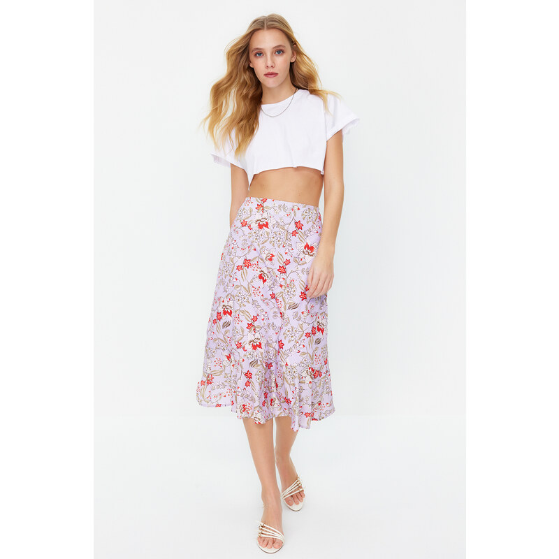 Trendyol Lilac Skirt Flounce Viscose Fabric Animal Pattern Midi Woven Skirt