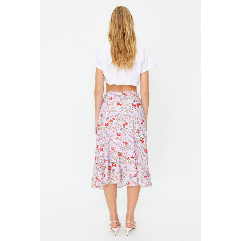 Trendyol Lilac Skirt Flounce Viscose Fabric Animal Pattern Midi Woven Skirt