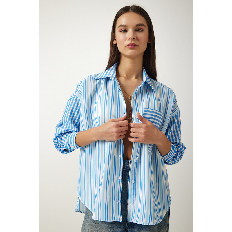 Happiness İstanbul Women's Sky Blue Striped Oversize Cotton Woven Shirt