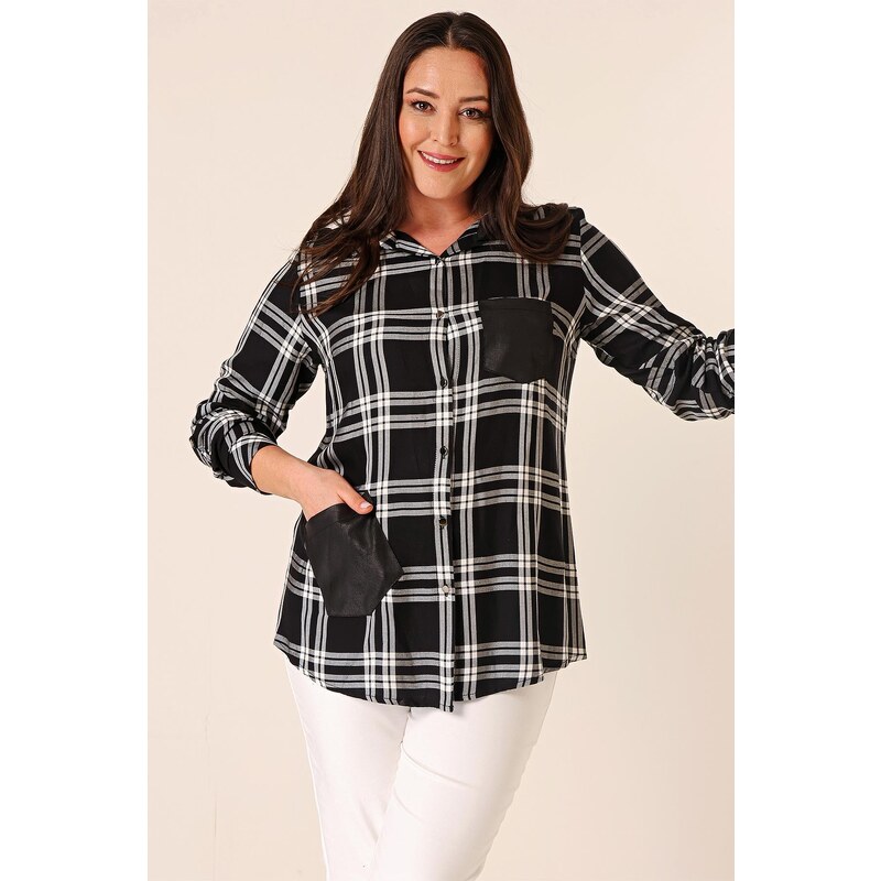 By Saygı Large Checkered Plus Size Shirt With Leather Detail Double Pockets With Metal Buttons and Fold Sleeve