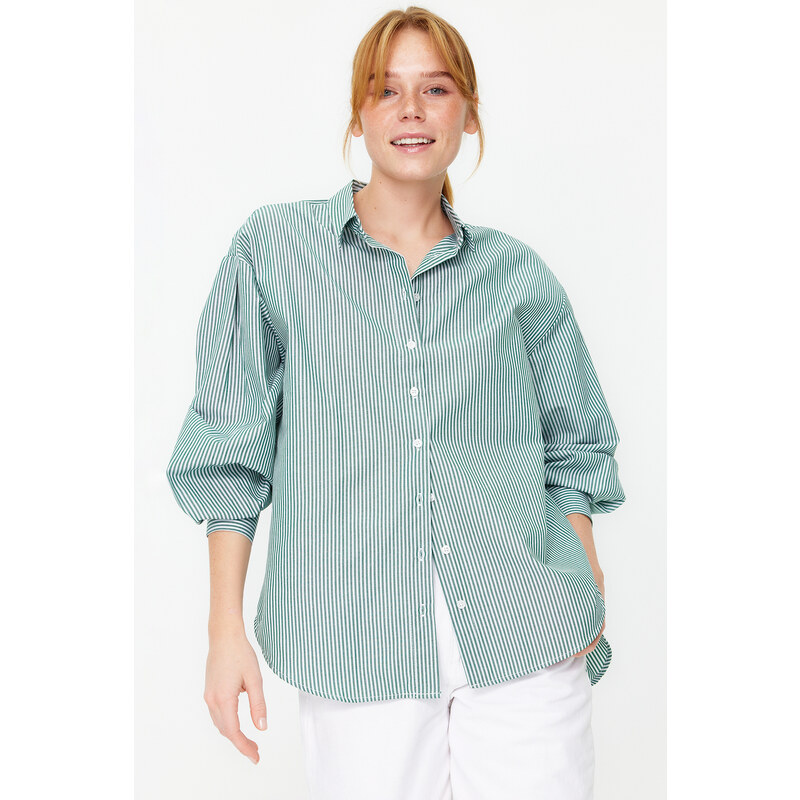 Trendyol Green Striped Wide Cut Woven Shirt