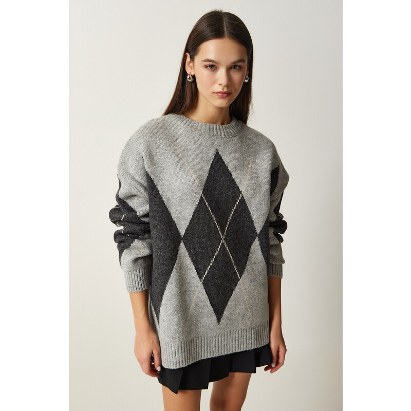 Happiness İstanbul Women's Light Gray Premium Diamond Patterned Oversize Knitwear Sweater