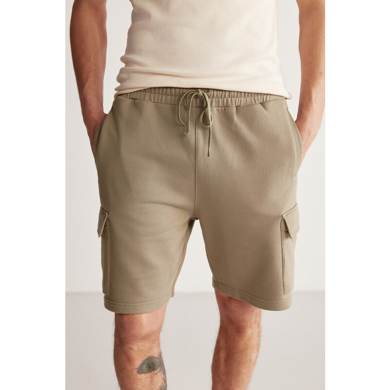 GRIMELANGE Lionel Men's Comfort Fit Khaki Shorts with Cargo Pocket and Elastic Wais