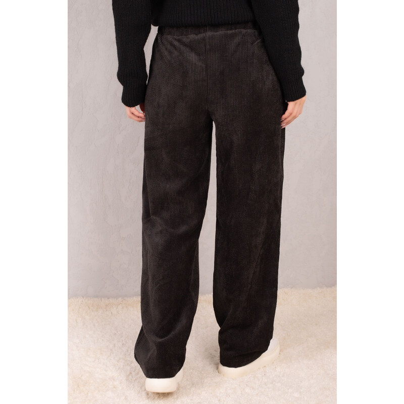 armonika Women's Black Elastic Waist Pocket Wide Leg Velvet Trousers