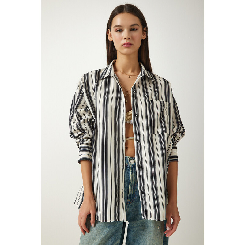 Happiness İstanbul Women's Cream Black Striped Oversize Knitted Shirt