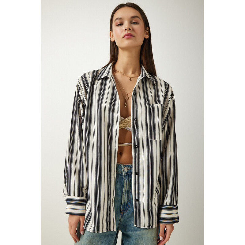 Happiness İstanbul Women's Cream Black Striped Oversize Knitted Shirt