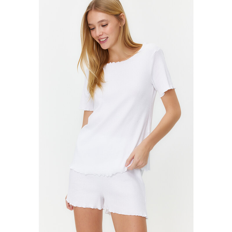 Trendyol White Corduroy T-shirt-Shorts Knitted Pajamas Set