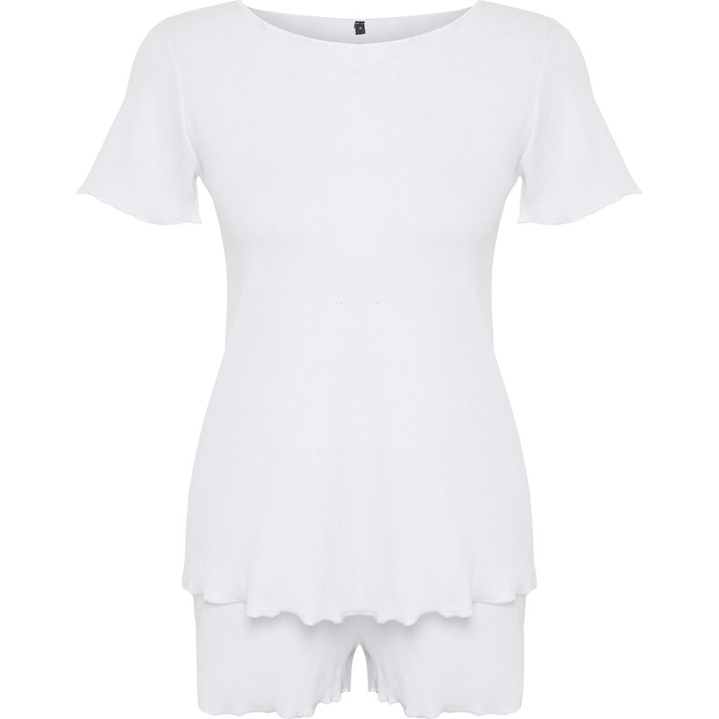 Trendyol White Corduroy T-shirt-Shorts Knitted Pajamas Set