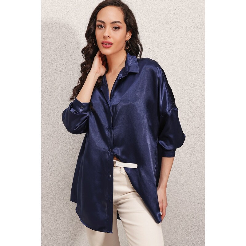 Bigdart 3985 Oversized Satin Shirt - Navy Blue