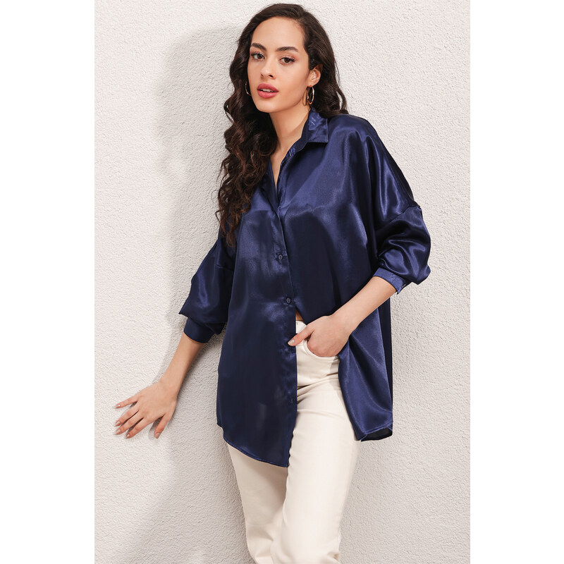 Bigdart 3985 Oversized Satin Shirt - Navy Blue