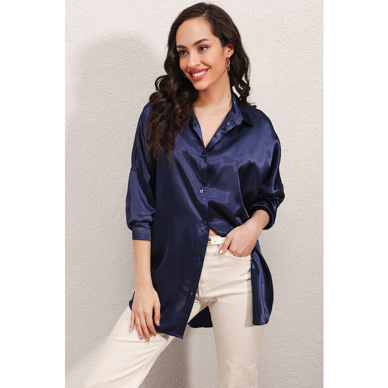 Bigdart 3985 Oversized Satin Shirt - Navy Blue