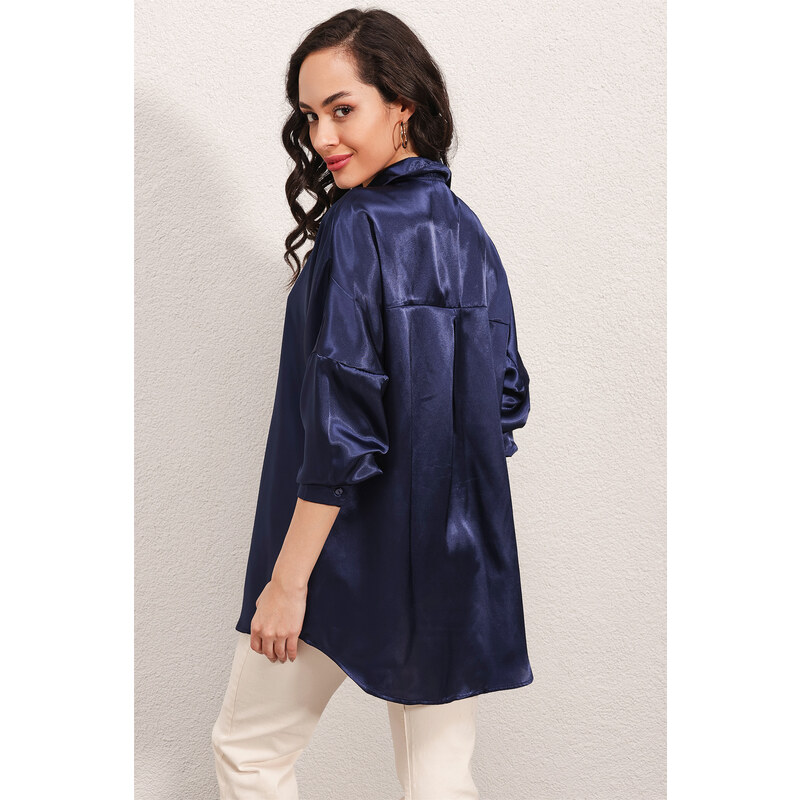 Bigdart 3985 Oversized Satin Shirt - Navy Blue