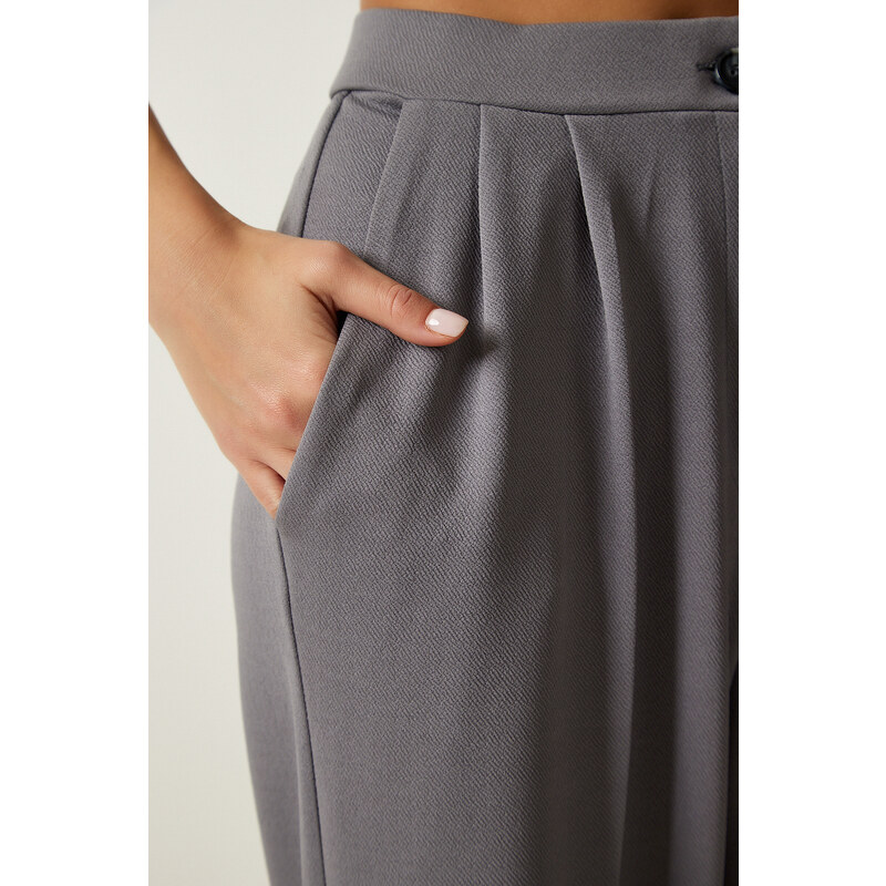 Happiness İstanbul Women's Gray Pleated Palazzo Trousers