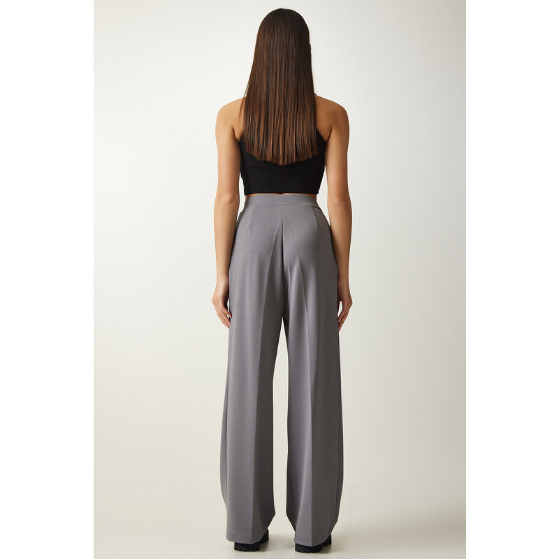 Happiness İstanbul Women's Gray Pleated Palazzo Trousers