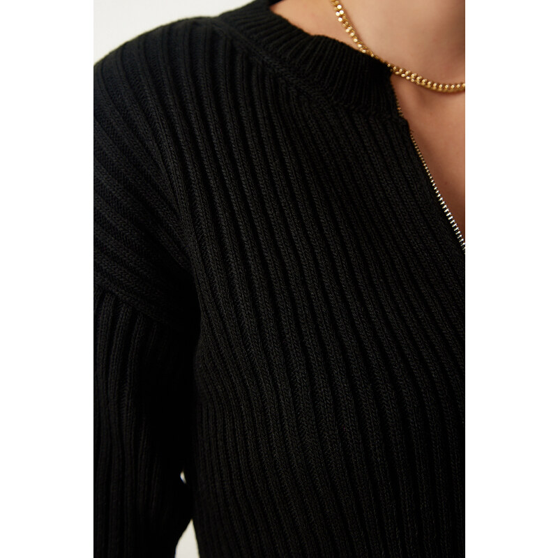 Happiness İstanbul Women's Black Zippered Ribbed Crop Knitwear Cardigan