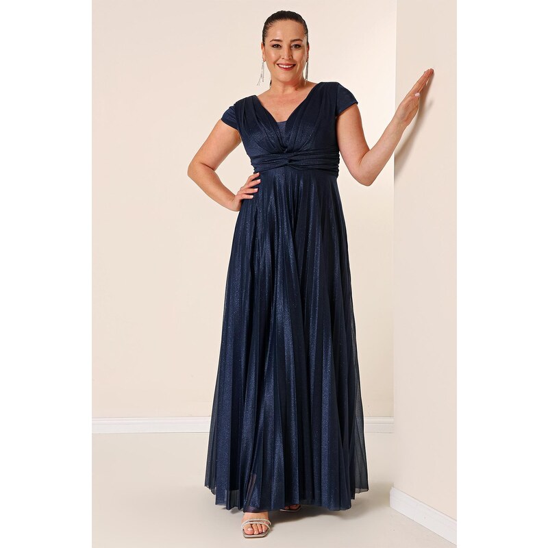 By Saygı V-Neck Waist and Front Draped Lined Pleated Glitter Long Crepe Dress