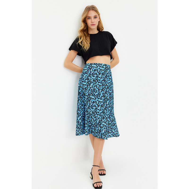 Trendyol Blue Flounce Viscose Fabric Animal Patterned Midi Woven Skirt