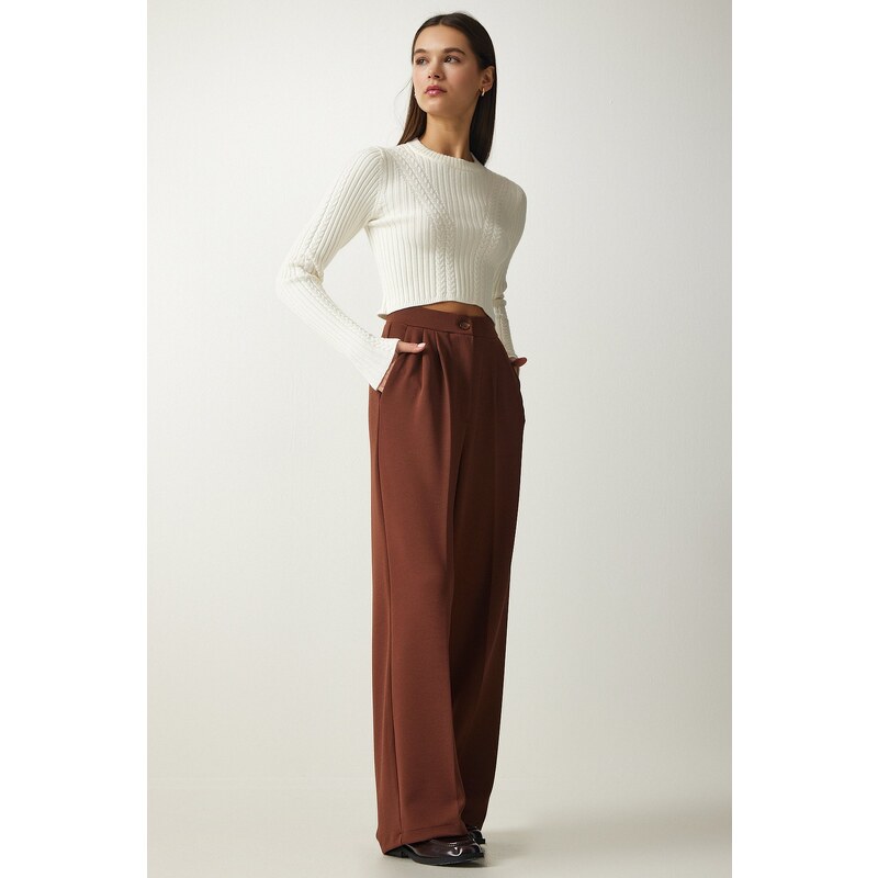 Happiness İstanbul Women's Brown Pleated Palazzo Trousers