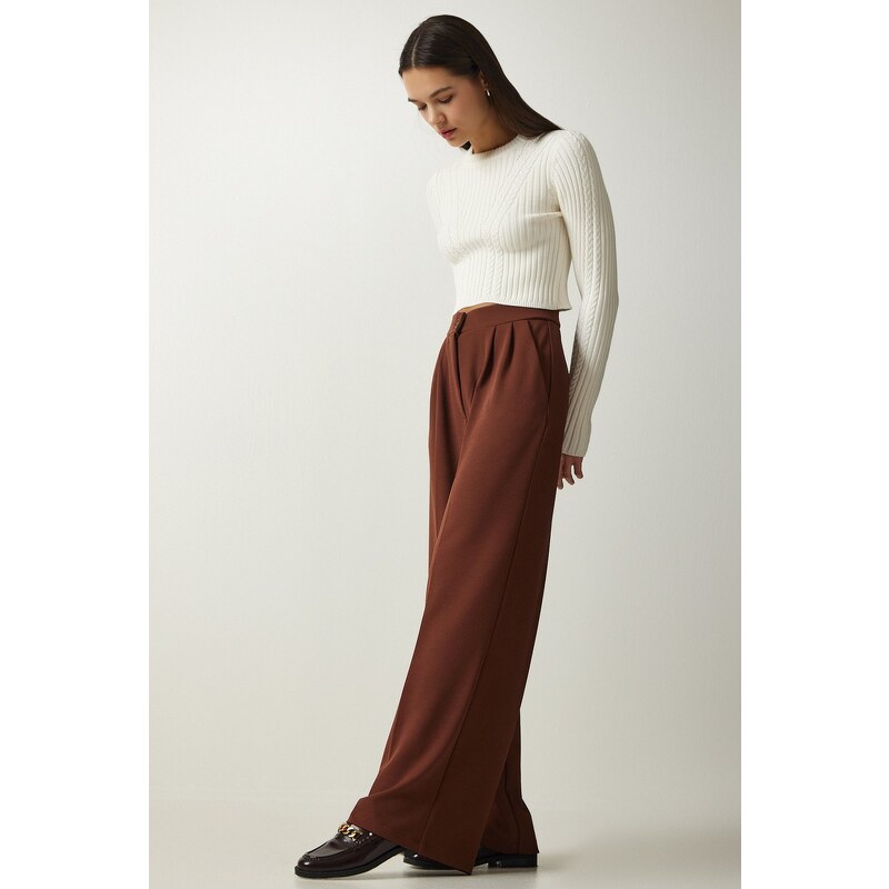 Happiness İstanbul Women's Brown Pleated Palazzo Trousers