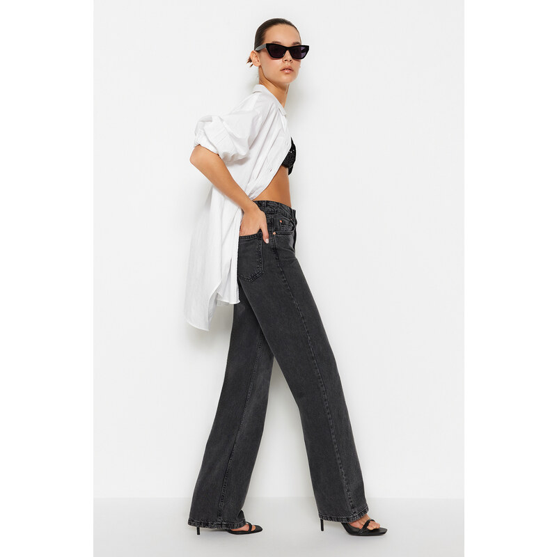 Trendyol Anthracite High Waist Summer Thin Fabric Wide Leg Jeans