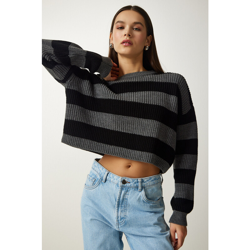 Happiness İstanbul Women's Gray Black Striped Crop Knitwear Sweater