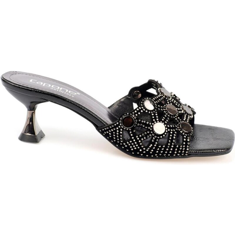 Capone Outfitters Capone Flat Toe Women's Crinkle Patent Leather Black Women's Slippers with Hourglass Heels with Metal Accessories.