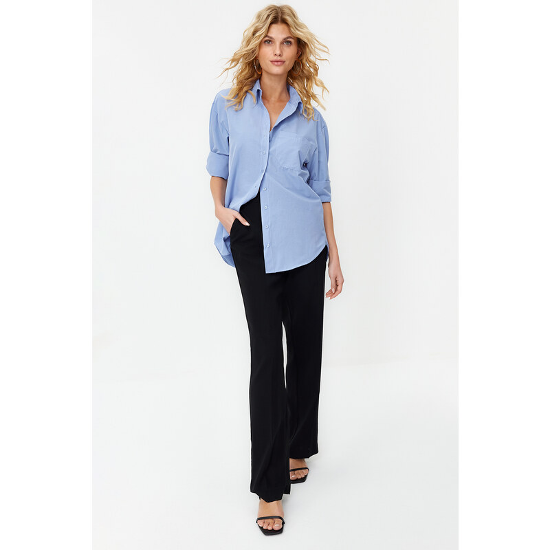 Trendyol Sky Blue Single Pocket Boyfriend Woven Cotton Shirt 107072826
