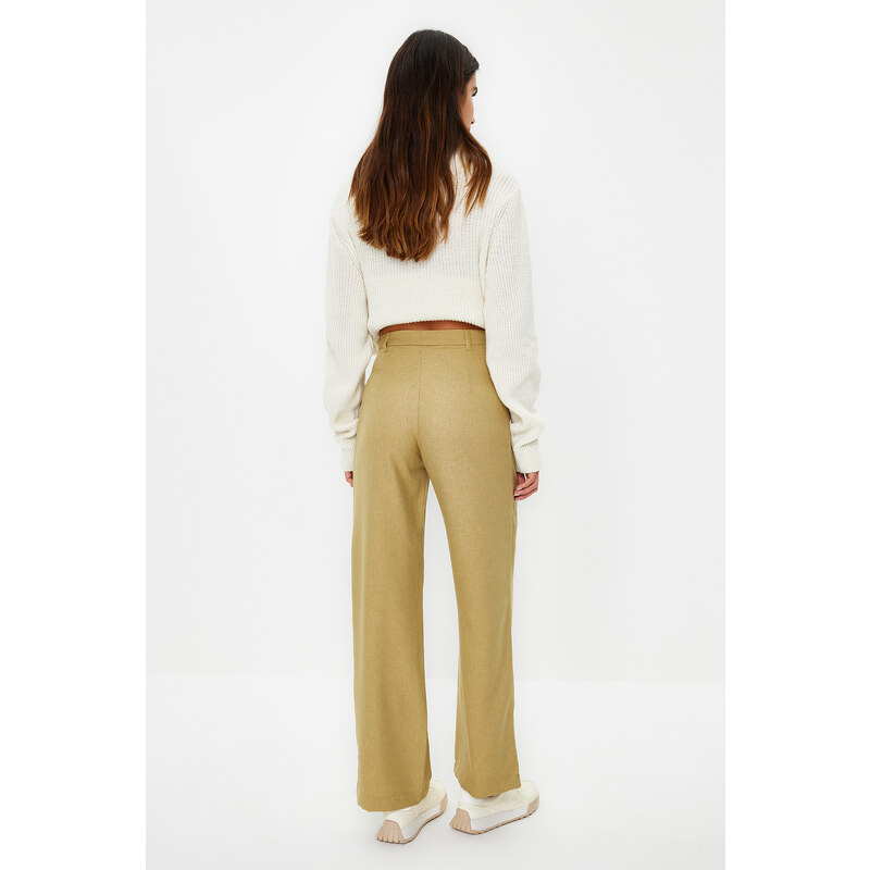 Trendyol Light Khaki Wide Leg Pleated Woven Trousers