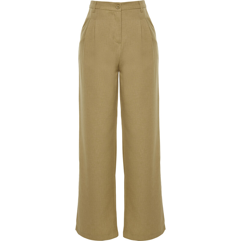 Trendyol Light Khaki Wide Leg Pleated Woven Trousers