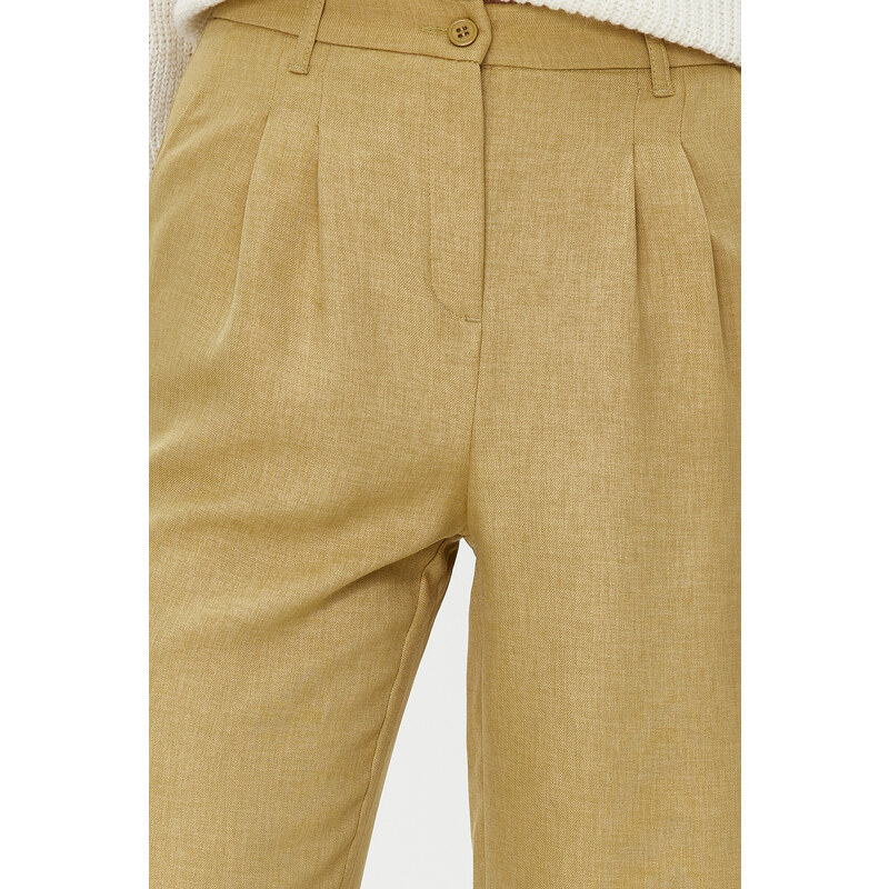 Trendyol Light Khaki Wide Leg Pleated Woven Trousers