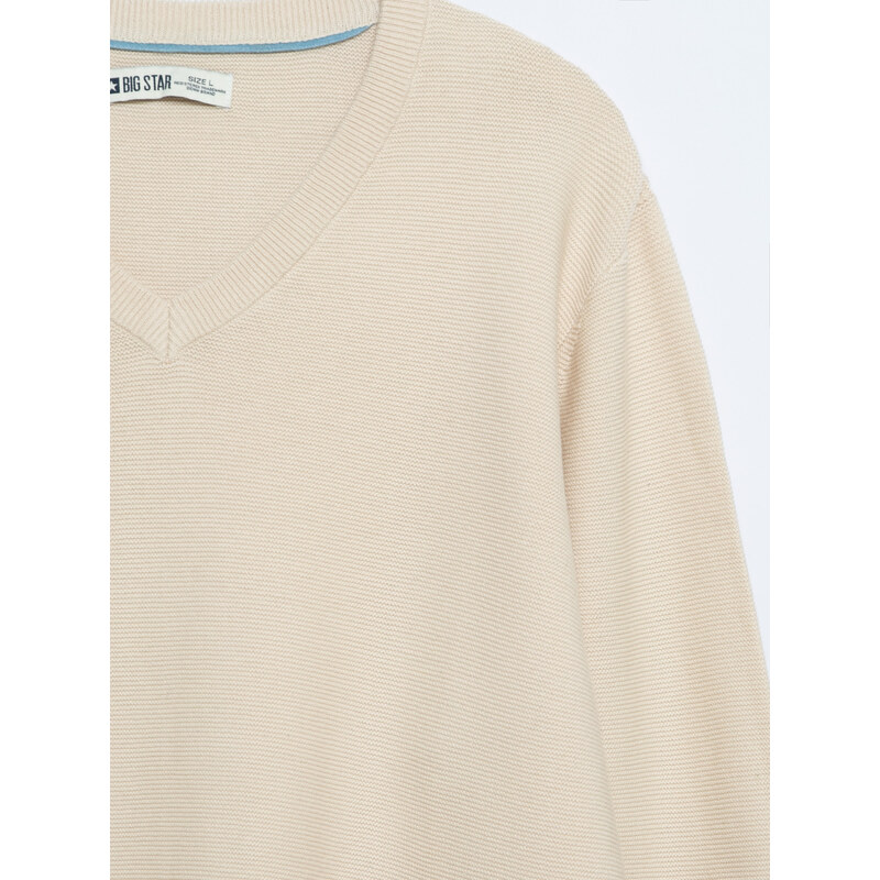 Big Star Man's V-neck Sweater 161038 Beige Wool-801