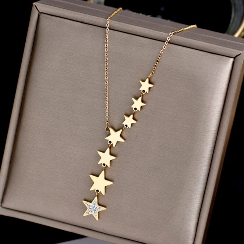 Camerazar Dlouhý zlatý náhrdelník s hvězdičkami z chirurgické oceli 316L, délka 47 cm, zdobený bílými zirkony