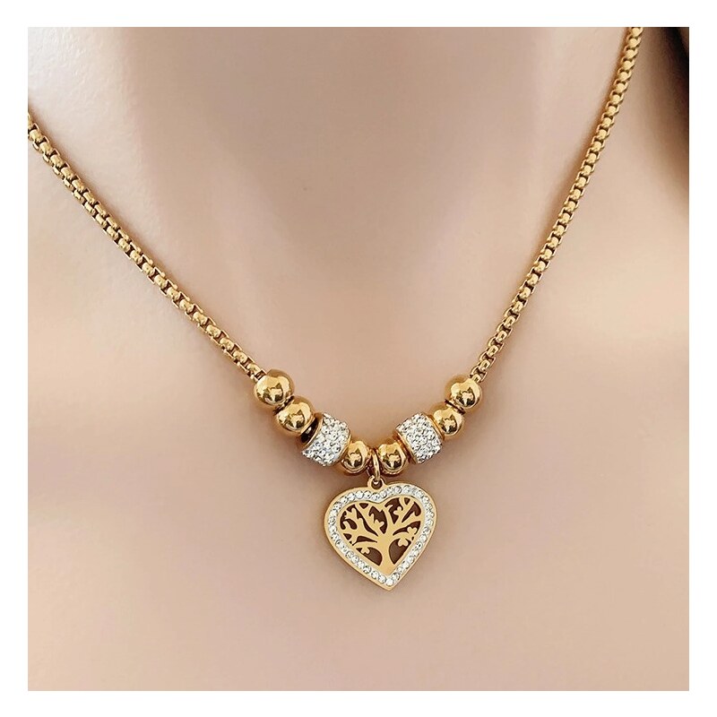 Camerazar Zlatý náhrdelník s řetízkem a srdcem z chirurgické oceli zdobený zirkonem