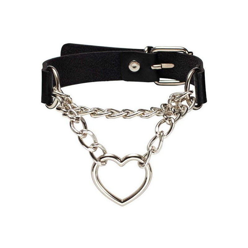 Camerazar Černý dámský náhrdelník Choker s přívěskem srdce, ekokoža a kov, obvod 42 cm