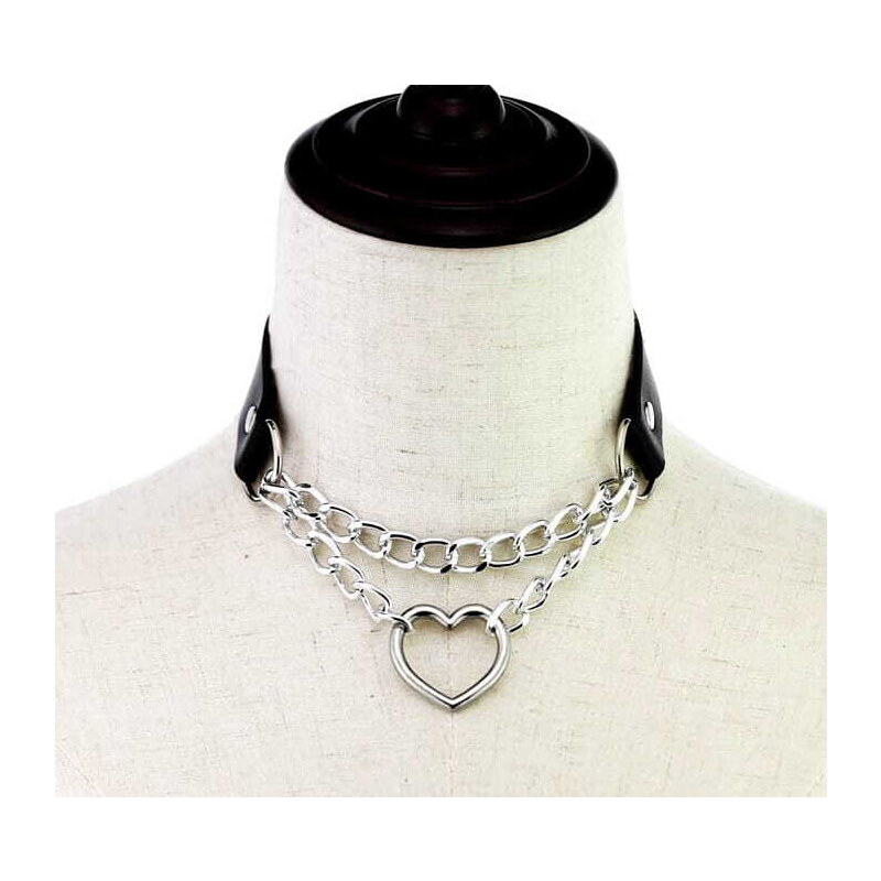 Camerazar Černý dámský náhrdelník Choker s přívěskem srdce, ekokoža a kov, obvod 42 cm