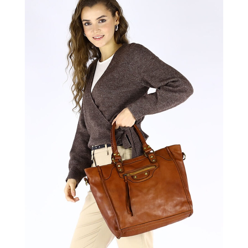 Dámská kožená shopper bag kabelka Mazzini M170 camel