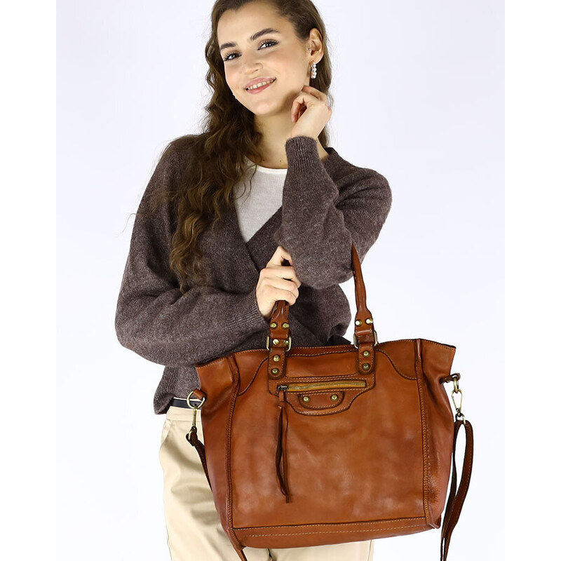 Dámská kožená shopper bag kabelka Mazzini M170 camel