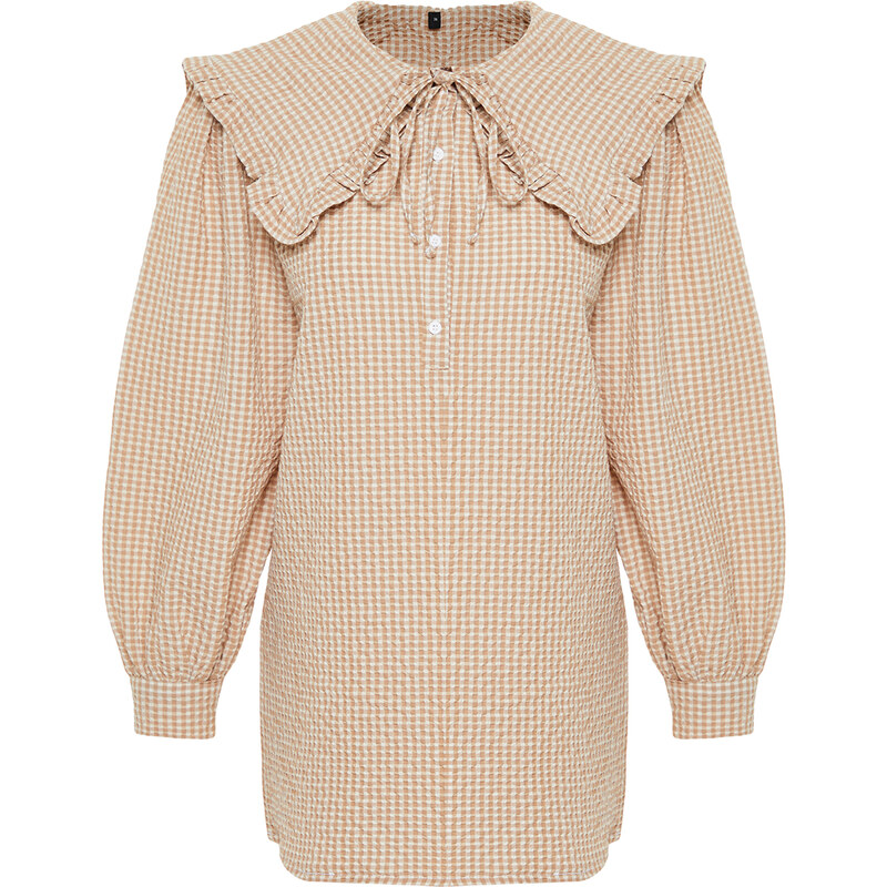 Trendyol Brown Baby Collar Gingham Patterned Woven Tunic