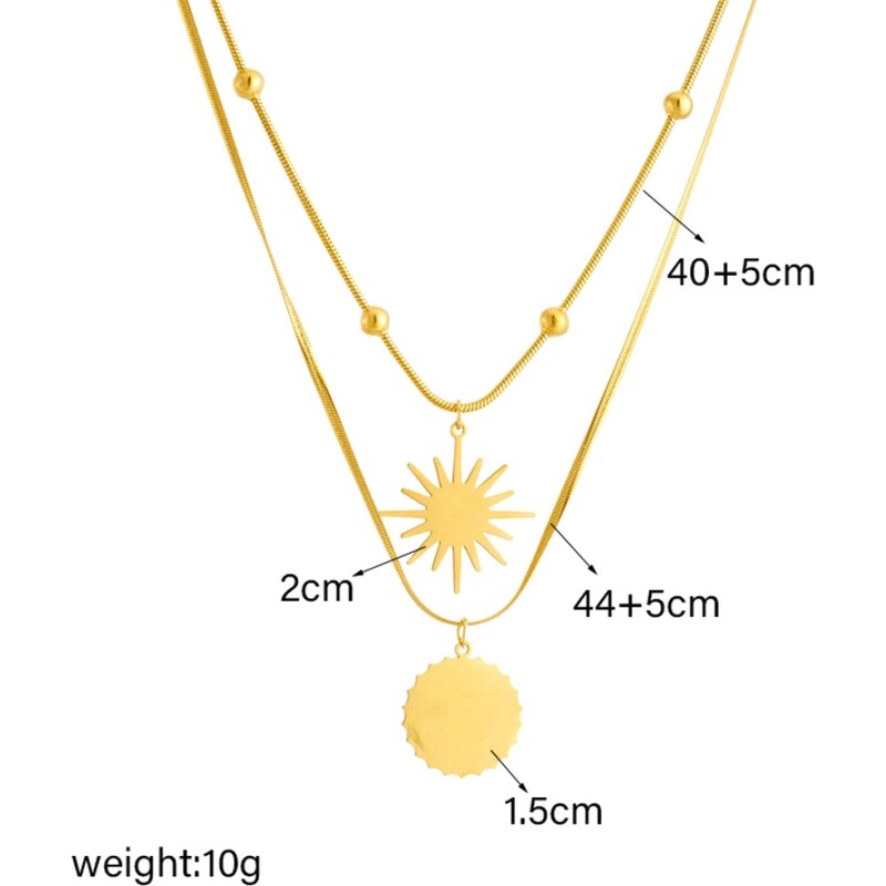 Camerazar Dvojitý náhrdelník z chirurgické oceli 316L s mincí a sluncem, pokovený 18karátovým zlatem, délka 44+5 cm a 40+5 cm