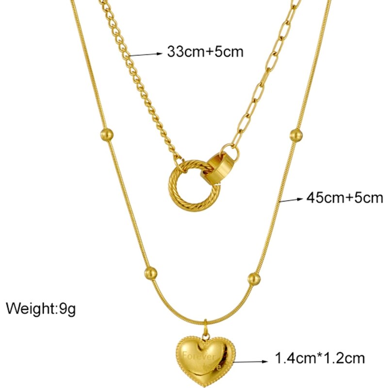 Camerazar Dvojitý náhrdelník z chirurgické oceli 316L s pozlaceným srdcem, délka 45+5 cm a 33+5 cm, antialergický