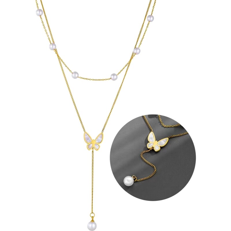Camerazar Dlouhý náhrdelník z chirurgické oceli 316L s motýlem a perlami, pozlacený 18karátovým zlatem, délka 50 cm + 7 cm prodloužení