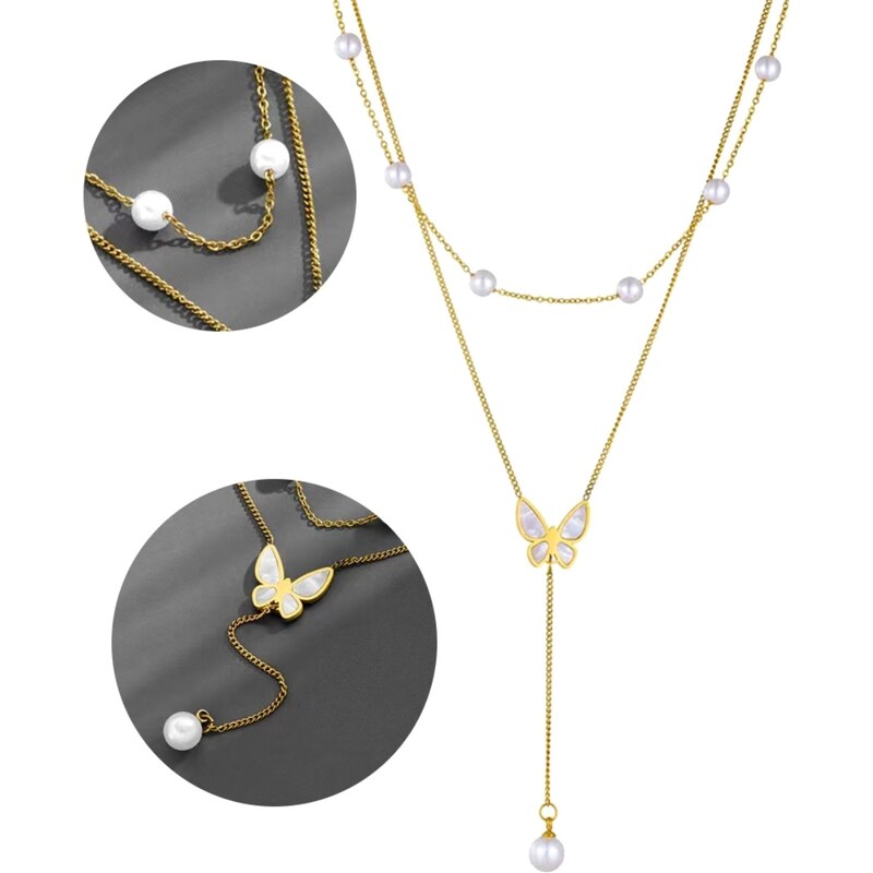 Camerazar Dlouhý náhrdelník z chirurgické oceli 316L s motýlem a perlami, pozlacený 18karátovým zlatem, délka 50 cm + 7 cm prodloužení