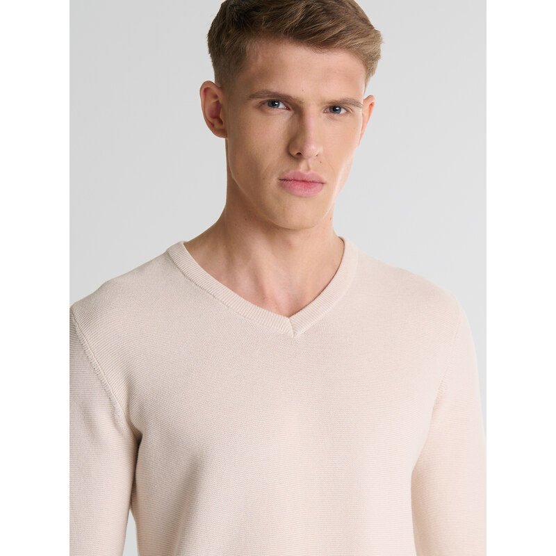 Big Star Man's V-neck Sweater 161038 Beige Wool-801