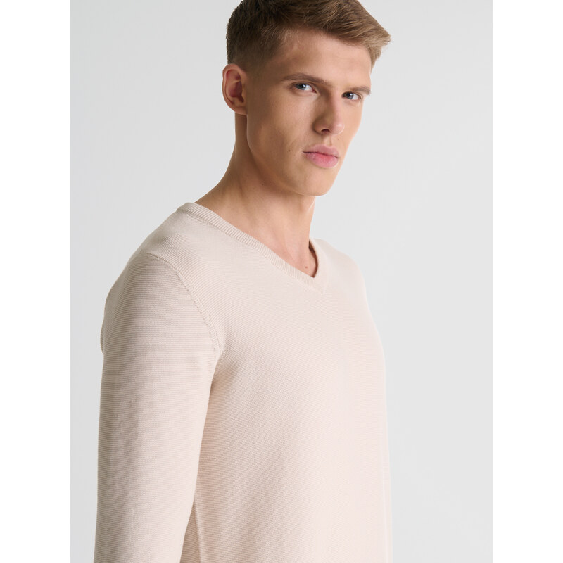 Big Star Man's V-neck Sweater 161038 Beige Wool-801