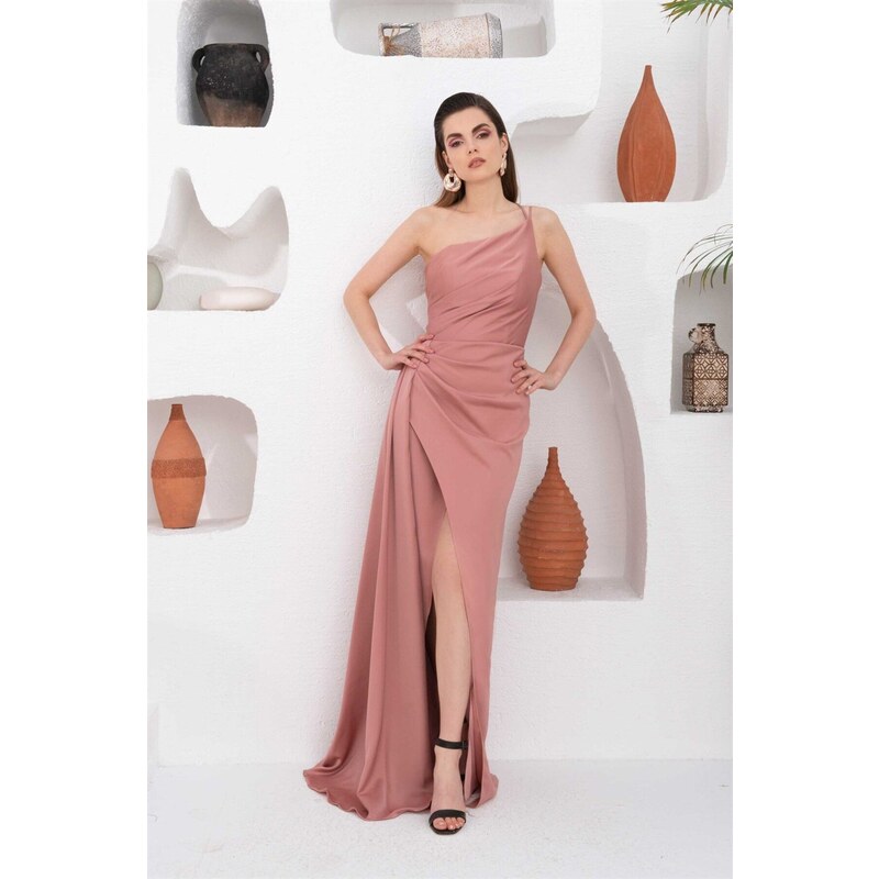 Carmen Powder Satin One-Shoulder Long Evening Dress