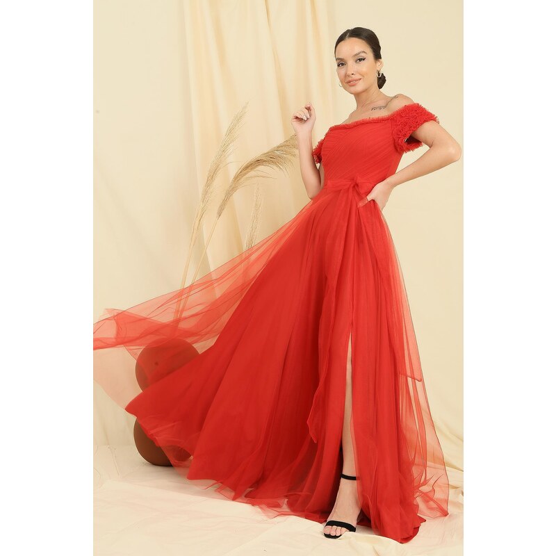 By Saygı Frilly Belted Collar And Sleeves Lined Long Tulle Dress