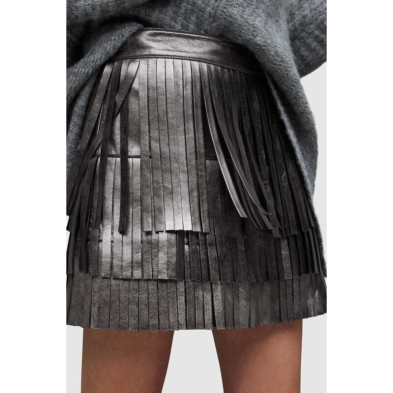 Kožená sukně AllSaints AISHA stříbrná barva, mini