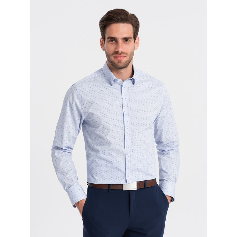 Ombre Clothing Pánská klasická bavlněná košile SLIM FIT s mikro vzorem - modrá V7 OM-SHCS-0156