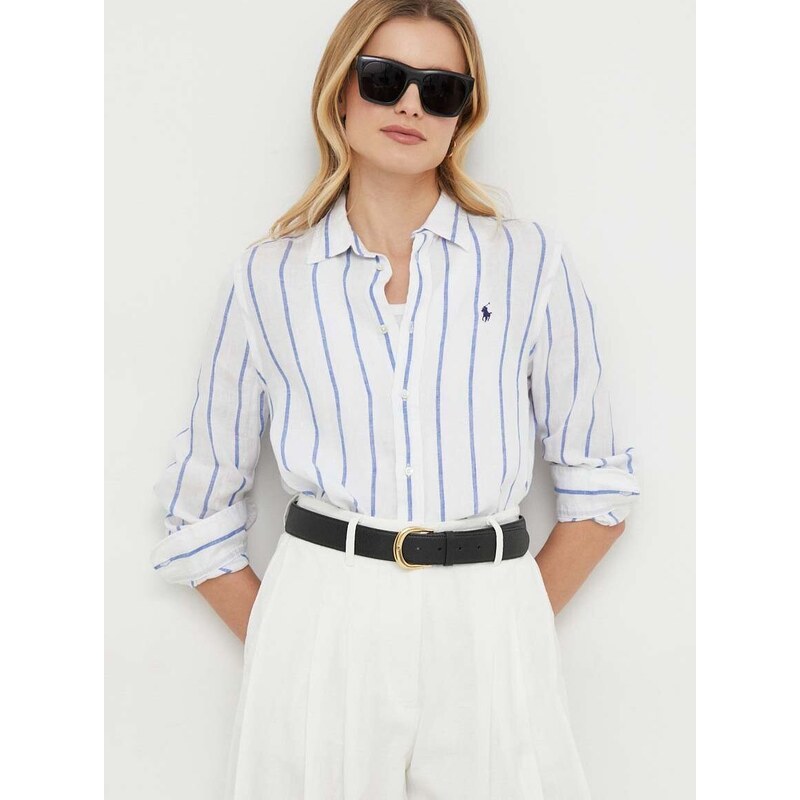 Lněná košile Polo Ralph Lauren bílá barva, relaxed, s klasickým límcem